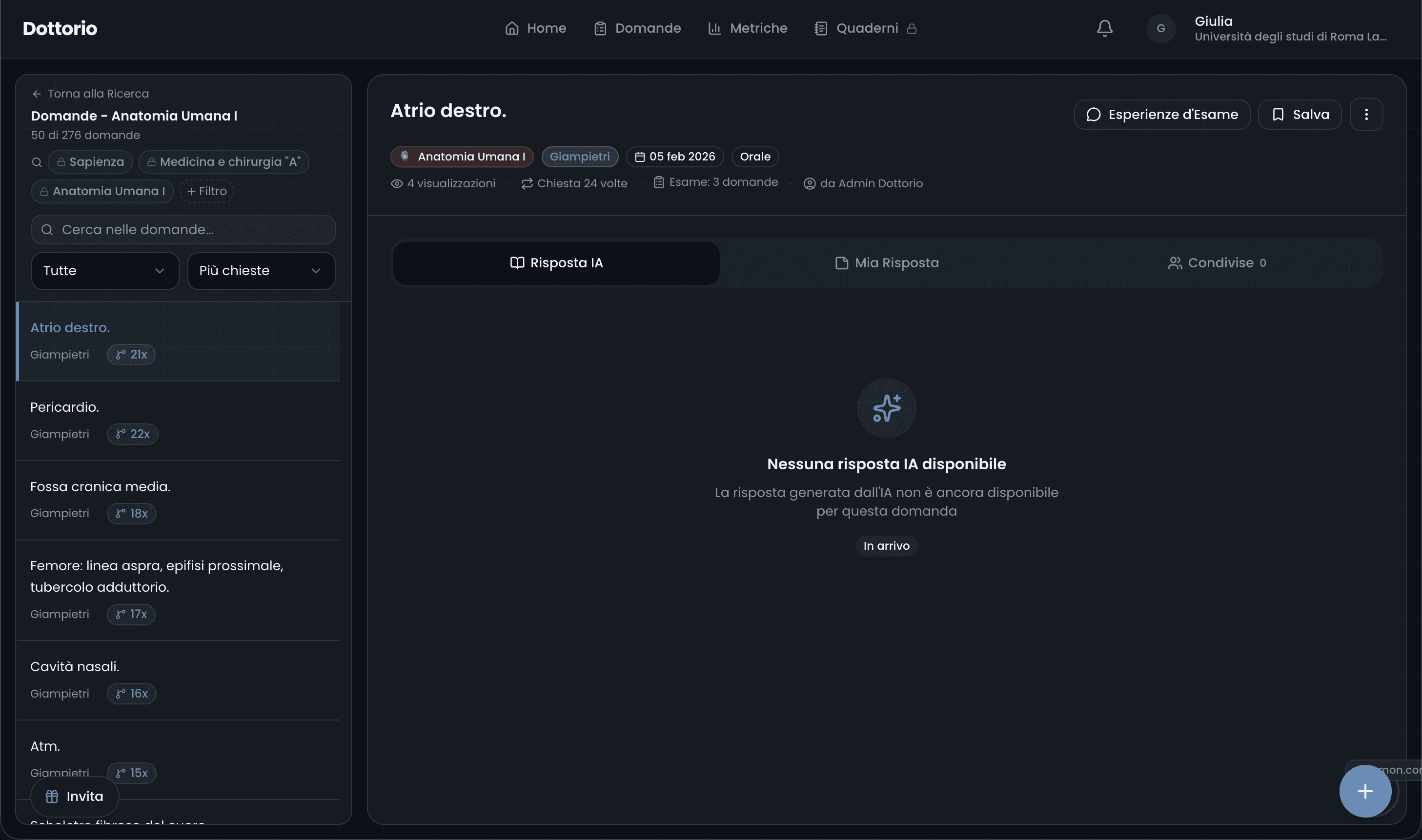 Empty state della tab Risposta IA con il messaggio "Nessuna risposta IA disponibile — In arrivo"